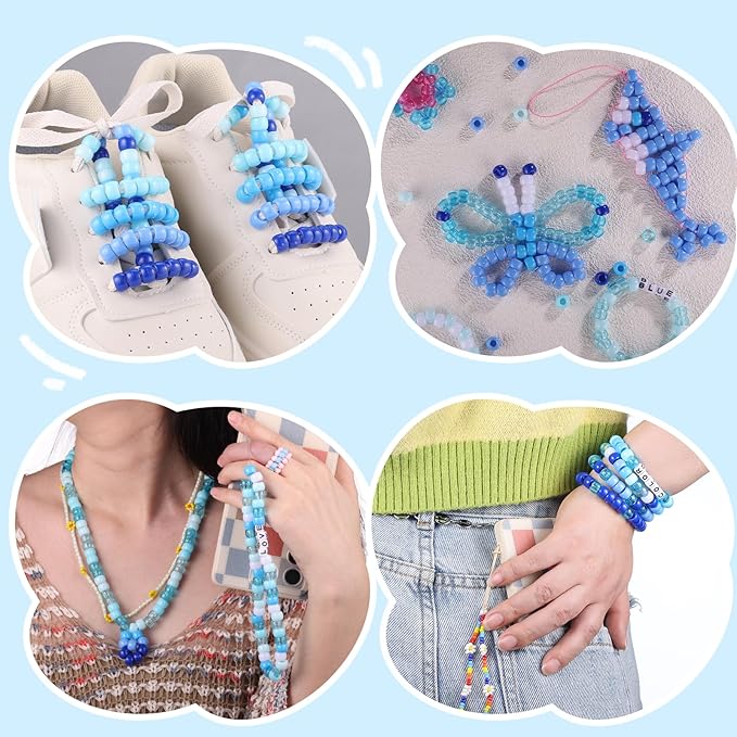 Blue and White Pony Beads, 1200Pcs 6x9mm Pony Bead Bulk and 100Pcs Square Letters, Large Hole Hair Bead for Braids for Girls Kids, Plastic Kandi Beads for Bracelets Jewelry Making DIY Crafts(8 Colors)