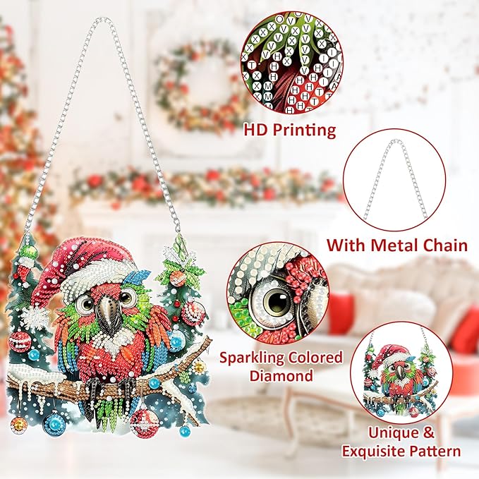 SENQAO Christmas Diamond Art Hanging Kits for Adults Kids, Parrot Diamond Art Suncatchers, 5D Special Shape Diamond Painting Pendant Window Ornament Gifts for Home Door Wall Decor