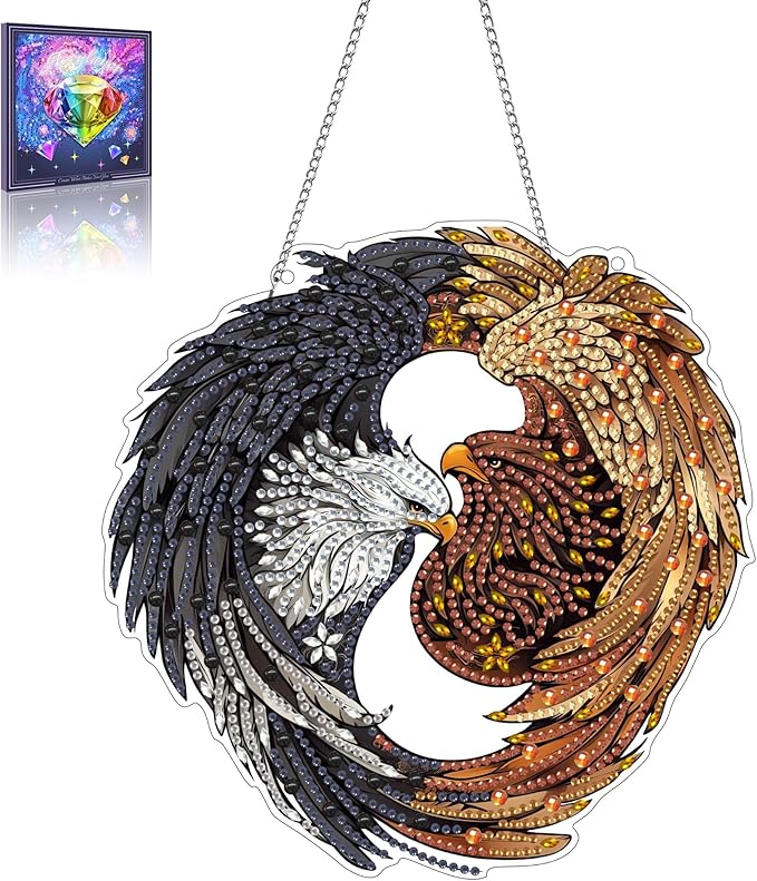 Wergund 5D DIY Eagle Diamond Art Hanging Kits, Hanging Diamond Art Bird, Acrylic Special Shaped Rhinestone, Window Hanging Pendants for Home Wall Garden Front Door Outdoor Decor Gift(Eagle)