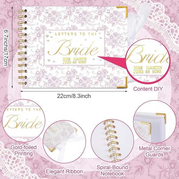 Humyoun Wedding Guest Book Letters to The Bride Scrapbook Wedding Memory Book Bridal DIY Blank Paper Scrapbook Photo Album Guest Sign with Pearl Stickers(8.5 x 7 Inch,Floral,Pink)