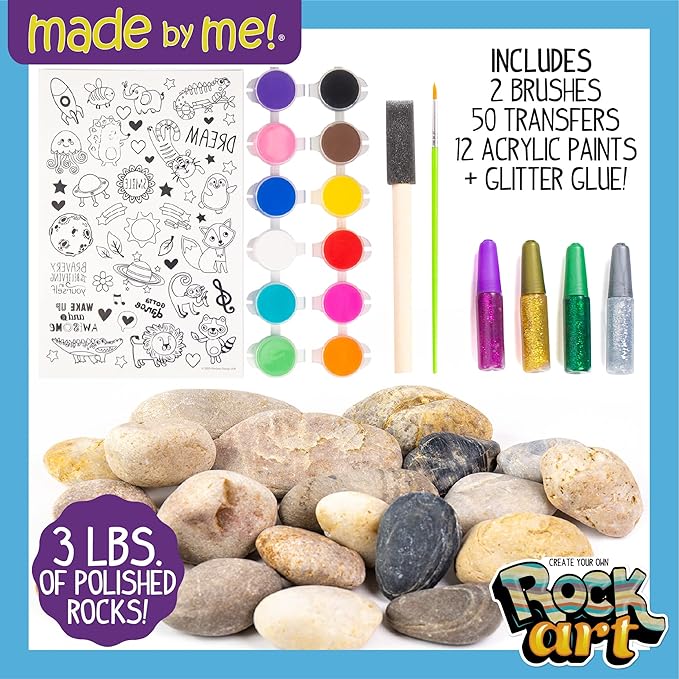 Made By Me Rock Art Kit, Rock Painting Arts and Crafts Kit, Includes 3 Pounds of Rocks and 12 Paints, Great Summer Activity or Birthday Party Fun, Perfect Outside Craft Idea for Kids Ages 6, 7, 8, 9