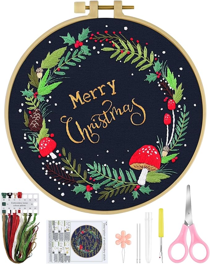 ERKOON Christmas Embroidery Kit for Beginners, Cross Stitch Set for Include Embroidery Cloth Hoops Threads for Craft Lover Hand Stitch with Embroidery Skill Techniques (Christmas Wreaths)