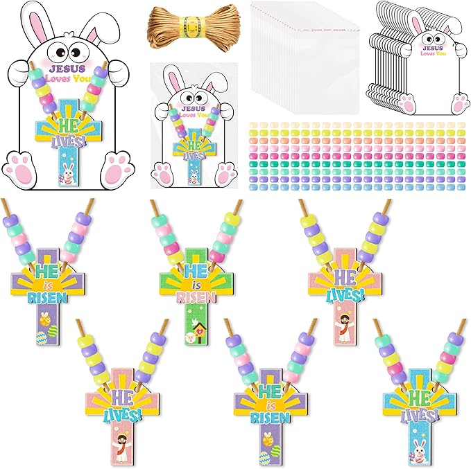 BeYumi Easter Necklace Craft Kit - 24Pcs DIY Easter JESUS IS RISEN Wooden Cross Pendant Beads Necklace Making with Bunny Greeting Card Christian Religious Gift Kids Church School Classroom Party Favor
