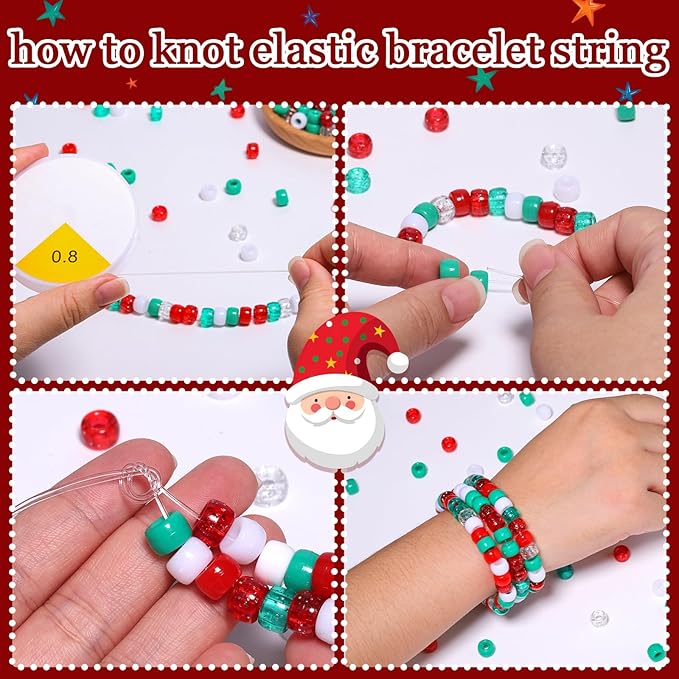 1000Pcs Friendship Bracelet Christmas Beads for Jewerly Making 6x9mm Pony Beads for Bracelets DIY Crafts, 5 Style Color Hair Bead for Braids with Stretch Cord and Scissors