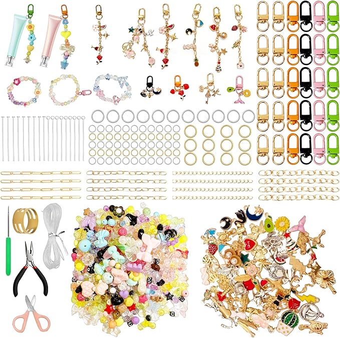 Aucscott DIY Keychain Making Kit with Charms for Girls, Aesthetic Personalized Lip Gloss Bracelet Earring Bag Charms Personalized Cute Keychains Craft Kit Gift for Teens, Besties, Friends & Birthday