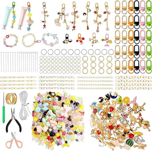 Aucscott DIY Keychain Making Kit with Charms for Girls, Aesthetic Personalized Lip Gloss Bracelet Earring Bag Charms Personalized Cute Keychains Craft Kit Gift for Teens, Besties, Friends & Birthday