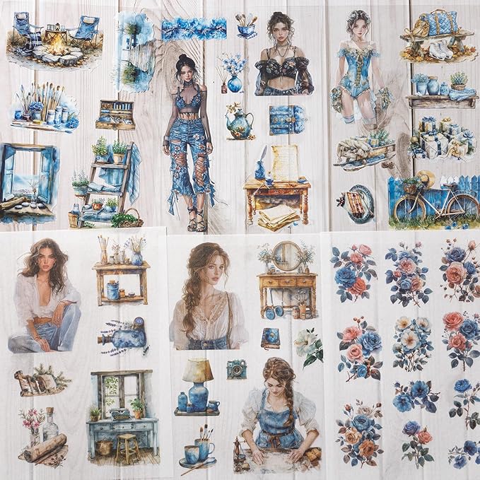 Stickers for Journaling, 20 Sheets Blue Art Junk Journal Sticker, PET Washi Materials Scrapbooking Supplies for Adults, People Women Transparent Decorative Crafts