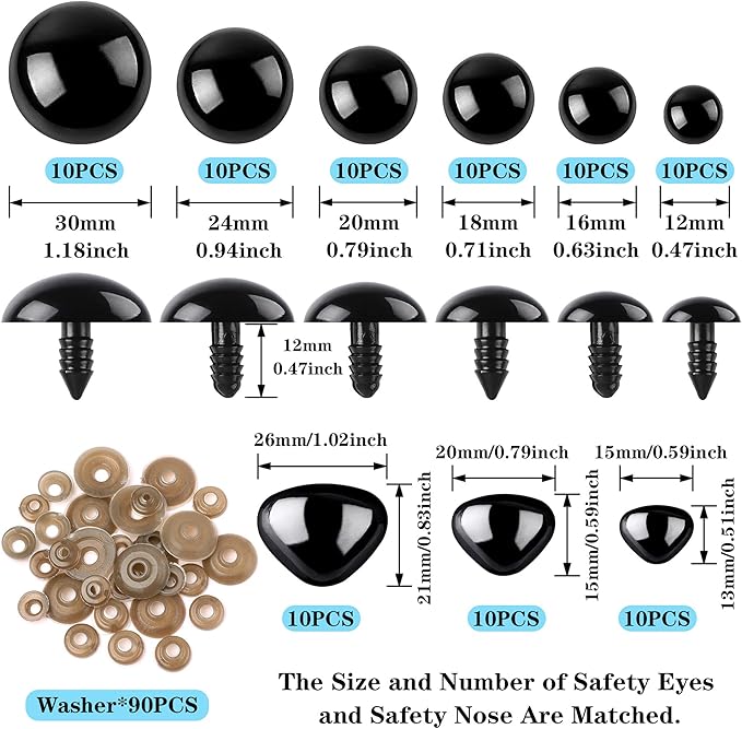 90Pcs Large Safety Eyes and Noses Kit Black Plastic Craft Dolls Eyes for DIY Puppets Bear Crafts Stuffed Animals Amigurumi Making Supplies (9 Sizes)