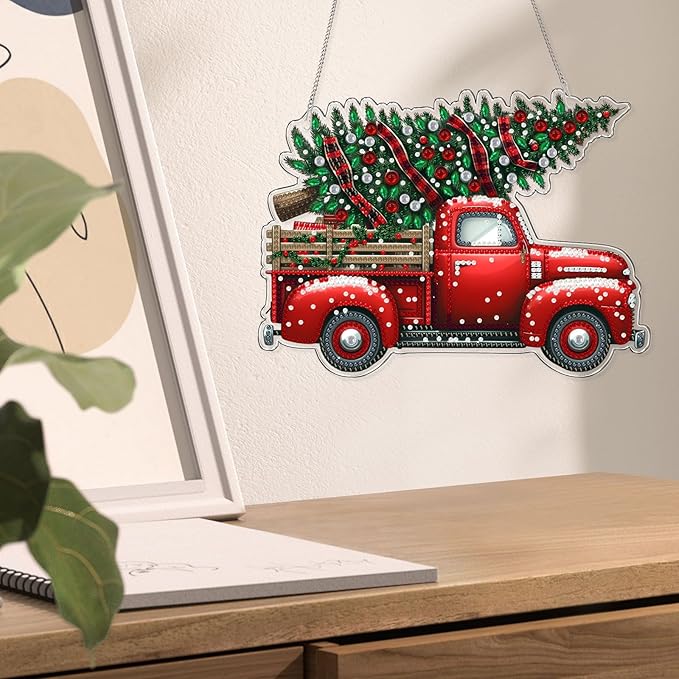 VODAPYC Christmas Diamond Art Hanging Kit for Adults, DIY Double Sided Special Shaped Diamonds Art Window Pendant Ornament for Home Decor(Red Truck)