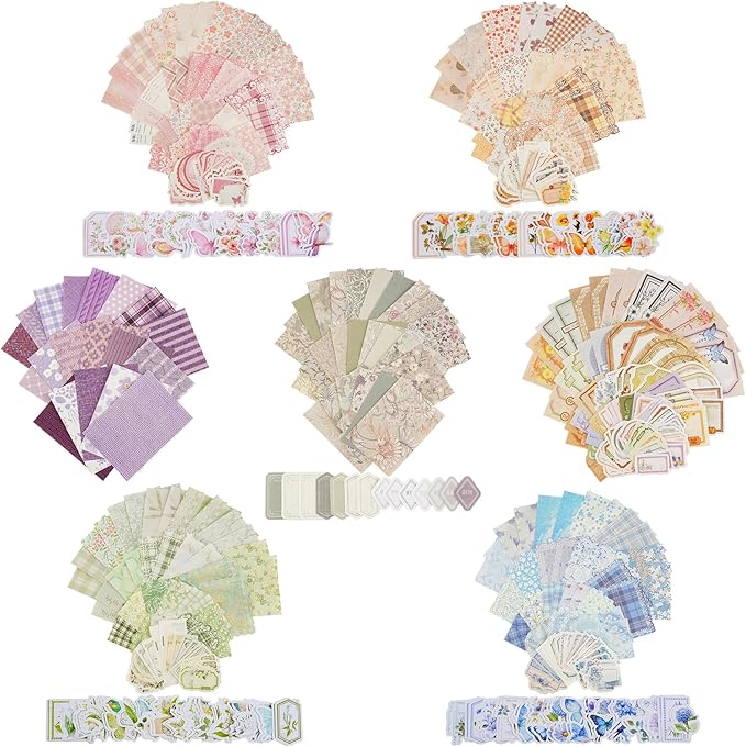 560 Sheets Floral Scrapbook Paper with Stickers Assorted Set, 7 Colors Scrapbooking Paper Vintage Scrapbook Supplies Kit Craft Decorative Papers for DIY Scrapbooks Junk Journals Planner Crafts
