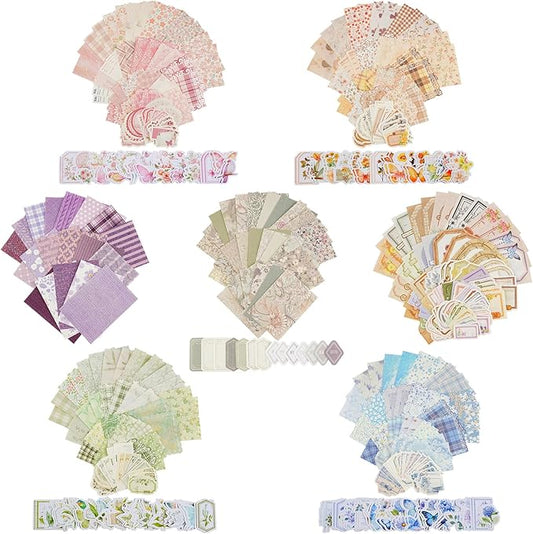 560 Sheets Floral Scrapbook Paper with Stickers Assorted Set, 7 Colors Scrapbooking Paper Vintage Scrapbook Supplies Kit Craft Decorative Papers for DIY Scrapbooks Junk Journals Planner Crafts