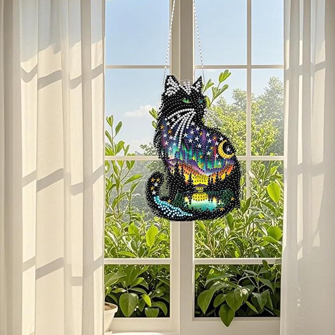 TOSTOG Aurora Kitten Diamond Art Pendant Kits for Adult, Star Diamond Painting Hanging Kit for Beginners, 5D DIY Crafts Gem Art, Waterproof Full Accessories for Home Decor Idea 20 * 20 cm/8 * 8 in