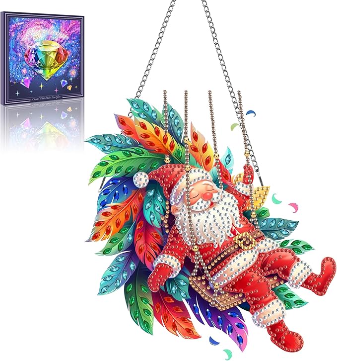 LOMSIOY Diamond Art Hanging Kit for Adult, Christmas Front Door Sign Window Ornament for Outdoor, Santa Claus Double Sided Summer Decor Suncatcers for Porch, Hanging Pendants for Garden Wall 8x8 Inch