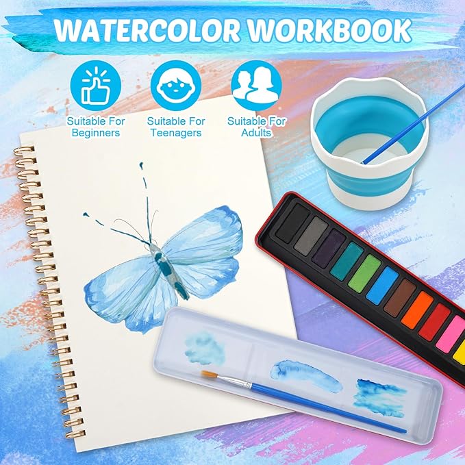 Watercolor Workbook for Beginners, Watercolor Coloring Books for Adults, Easy Water Coloring Book, Animal Water Color Paint Set Painting Kit with 1 Spiral Sketchbook, 12 Colors, 2 Brushes, 1 Bucket