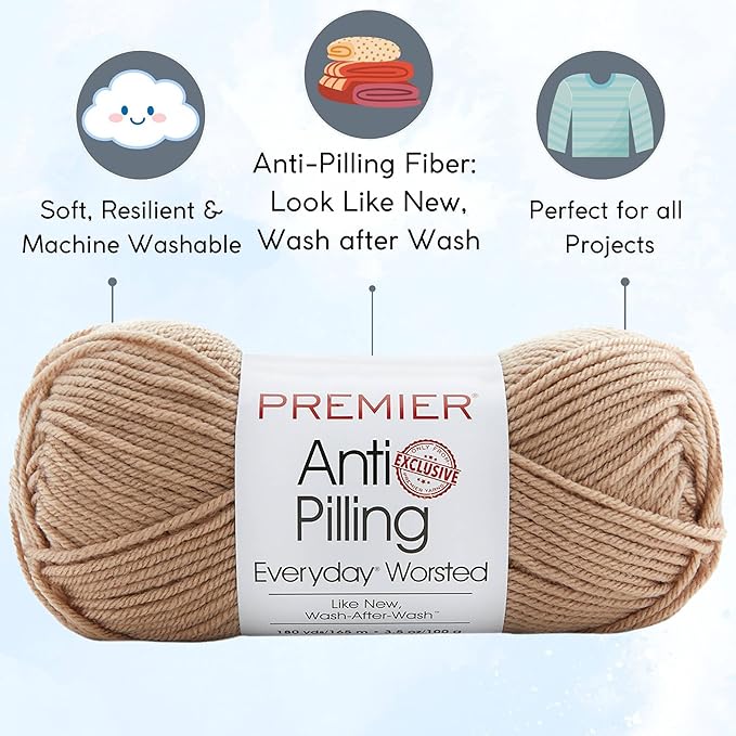 Premier Yarns Everyday Anti-Pilling Solid Parchment DN100-70 (3-Skeins - Same Dye Lot) #4 Worsted Weight Acrylic Yarn for Crocheting and Knitting with Project Bag