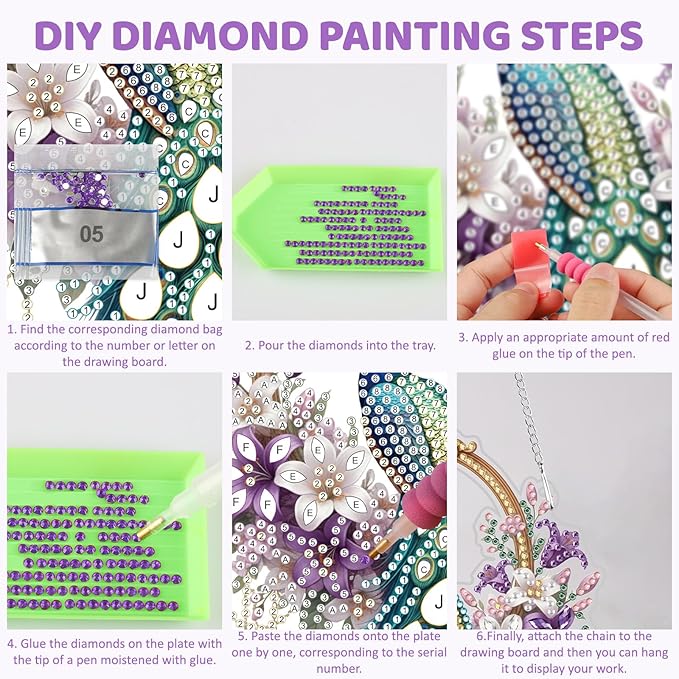 MEIYUDA Peacock Diamond Art Hanging Kits for Adult, Dreamcatcher Diamond Painting Hanging Kits Ornaments, DIY Special Shaped Rhinestone Window Pendants kit for Home Garden Wall Decor Gift