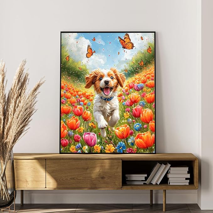 Okarina Paint by Numbers Kit for Adults Beginner Dog, Flowers Adult Paint by Number Kits on Canvas, Happy Puppy DIY Acrylic Oil Painting by Numbers for Adults, Perfect for Home Wall Decor 16X20 Inch