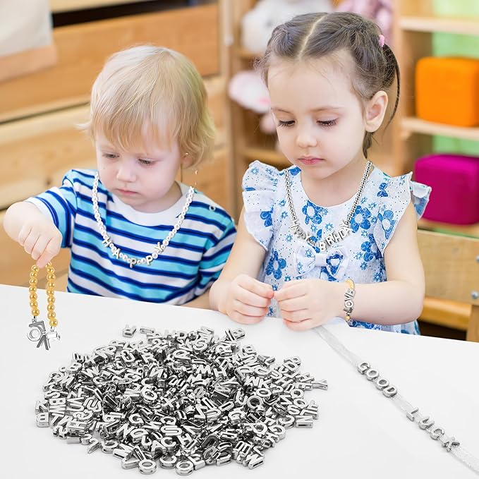 Augshy 700Pcs Large Letter Beads Silver Plastic A-Z Mixed Alphabet Shape Beads for Jewelry Making Bracelets Necklaces Key Chains Shoelaces Crafts Party Decor(9x12mm)