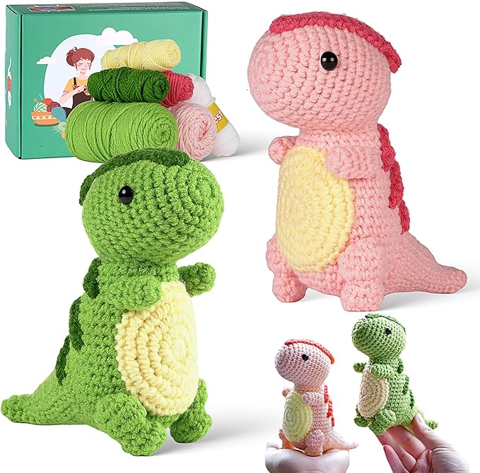 YESJOLI Crochet kit for Beginners, Crochet Animal Kits,Crocheting kit for Starters with Step-by-Step Video, Beginner Crochet kit for Adults Women, Crafts Dinosaur