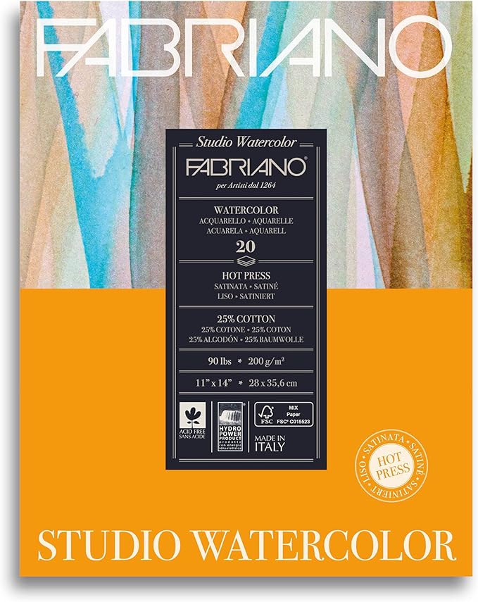 Fabriano Studio Watercolor Pad, Hot-Press, 11" x 14", 90 lb., 20 Sheets