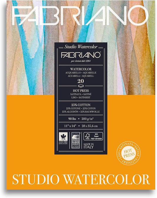 Fabriano Studio Watercolor Pad, Hot-Press, 11" x 14", 90 lb., 20 Sheets