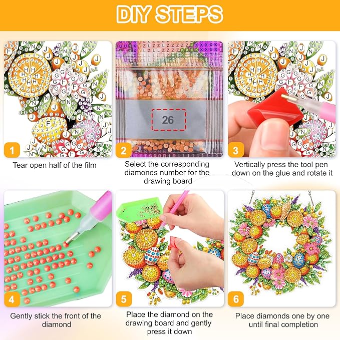 QENSPE Diamond Painting Art Hanging Kits for Adults, 5D Easter Eggs Special Shape Diamond Paingting Ornaments with Chain, DIY Flower Wreath Crystal Window Pendants for Home Wall Decor Gifts 8X8 inch