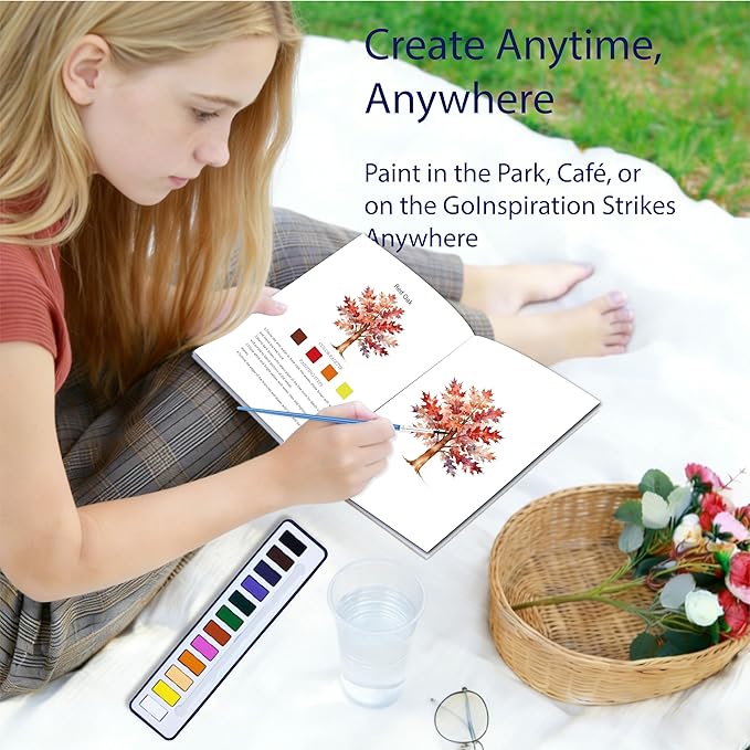 2Pcs Watercolor Workbook Creative Water Color Paint Book Set with Paints & Brush, 12 Patterns of Original DIY Designs, Beginner-Friendly Adult Coloring Books(Cat & Tree)