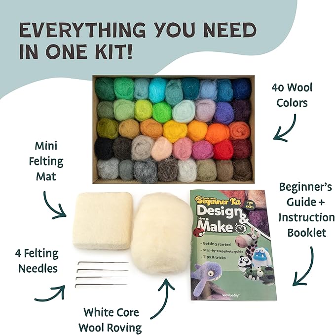 Woolbuddy Needle Felting Starter Kit –Make 6 Cute Characters(Yeti, Giraffe, Panda, Ladybug, Whale, Gator) – Complete Kit for Beginners & Adults with Wool Roving,Felting Needles,Pad & Instruction Guide