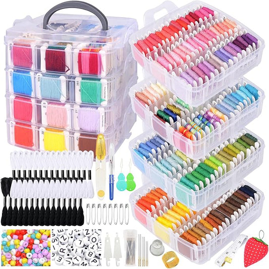 VICOVI 1080 Pack Embroidery Floss Thread Kit Including 200 Colors and 30 SkeinsWhite & Black Embroidery Thread Cross Stitch Sewing Thread with 850 Pcs Cross Stitch Tool and 4-Tier Transparent Box