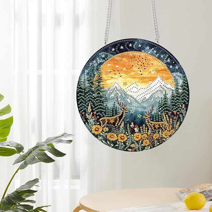 Reofrey Hanging Diamond Art Kits for Adults - 8x8 Inch EEL Landscape Acrylic Board Double Sided Pattern Diamond Art Suncatcher Pendant, DIY Crystal Art for Home Wall or Window Decoration Handmade Gift
