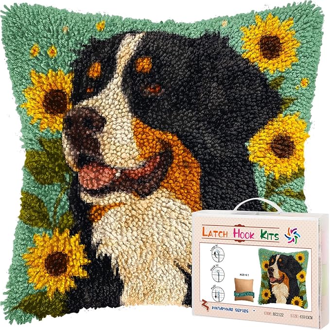 DIY Latch Hook Pillow Kits for Adults Bernese Mountain Dog and Sunflower Printed Pillowcase Crochet Yarns Hooking Handmade Pillow Cover Cushion for Home Sofa Decoration 17x17inch(2)