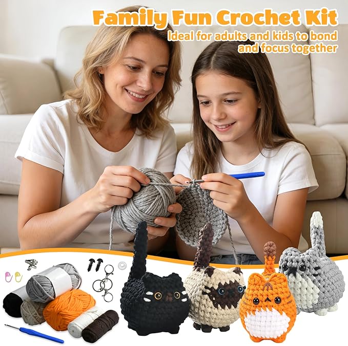 Esoes Crochet Kit for Beginners-4PCS Cat Crochet Kits for Adults, Amigurumi Crochet Animals Cat Crafts Crochet Kits, Holiday Gifts