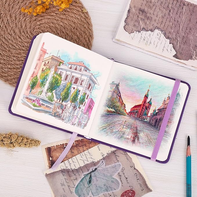 Hardcover Pocket Sketchbook, 5" x 5" Square Mini Sketchbook, 98lb/160gsm Heavyweight Tiny Sketch Book, 80 Sheets Small Travel Drawing Journal for Adults, Artist, Ideal for Gift (Purple)