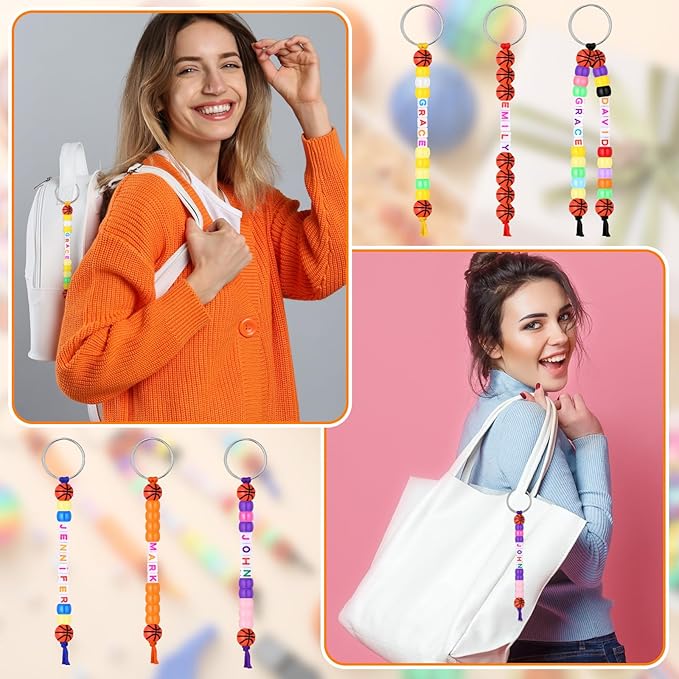 Landical 564 Pcs DIY Bead Keychain Kit Key Chain Making Craft Adjustable Letter Beads String Mama Sport Gift Alphabet Jewelry Backpack Accessories Holiday Party Favor (Basketball,Vivid Color)