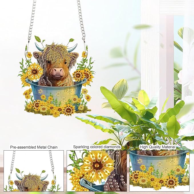 AiYuanzsh Diamond Painting Ornament 5D DIY Diamond Art Animal Cow and Sunflower Creative Design Handmade Acrylic Pendant Mosaic Making Kits by Number Kits Home Decoration Pendant