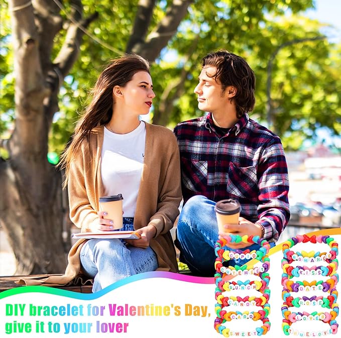 Highergo 1200 Pcs Mother's Day Bracelet Heart Beads Making Kit Letter Beads DIY with 944 Inch Elastic Cord Sweet Heart Charms for Valentine Day Bracelet Necklace Making DIY Crafts