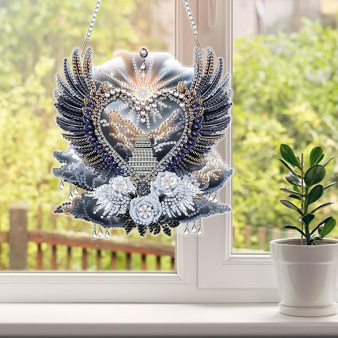 HEIBAGO Heart Wing Angel Diamond Art Hanging Kits for Adults, Diamond Art Suncatchers, 5D Special Shape Diamond Painting Pendant, DIY Window Ornament Gifts for Home Garden Door Wall Decor 8.3 x 8.3In
