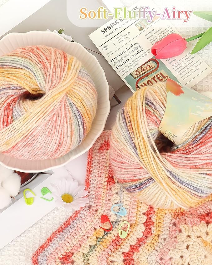 Coopay Yarn for Crocheting Knitting, Gradient Cake Yarns, 2 × 3.53oz - 240yds - 50% Cotton 50% Acrylic Ombre Yarns, Crochet Yarn for Blankets, Shawls, Scarves (201 Sunset)