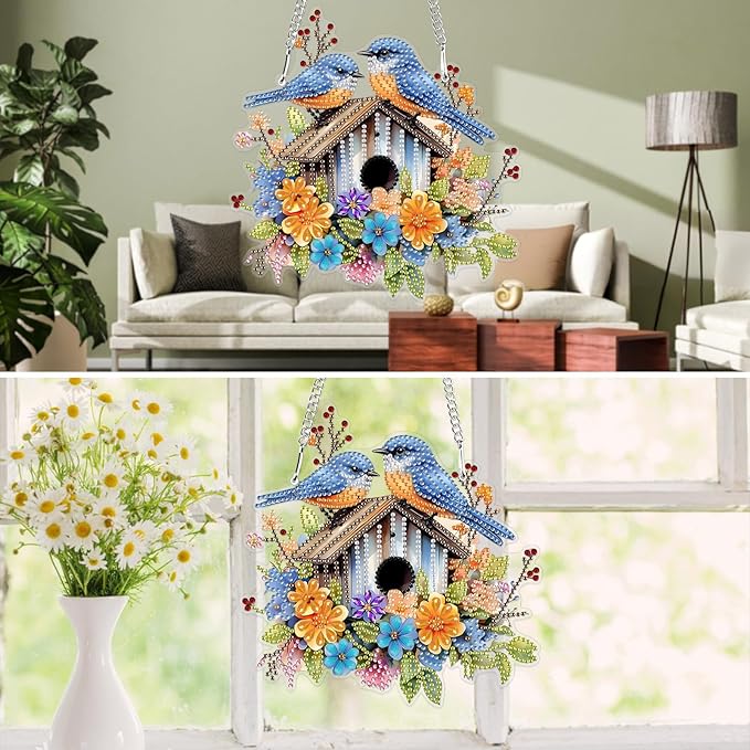 MXJSUA Flower Birdhouse Special Shaped Hanging Diamond Painting Art Kits for Adults, Crystal Rhinestone Acrylic Gem Art Pendant Ornaments Kit for Home Decoration and Gift