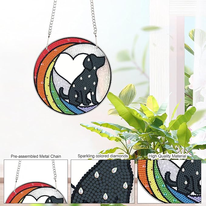 DIY Diamond Painting Sun Catcher Hanging Sign Dog, Pet Memorial Diamond Art Window Ornament Kit for Adults, Colorful Gem Art Craft Kit for Home Wall or Door Decoration