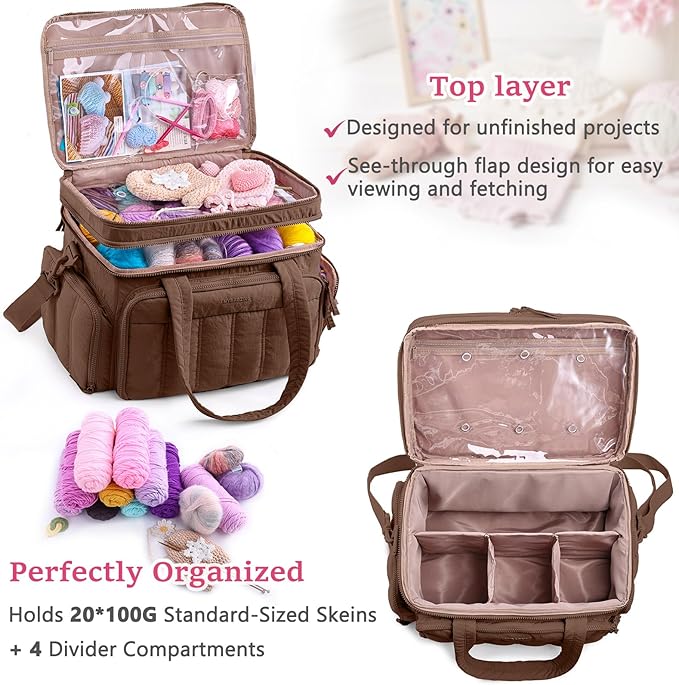 MYBAGZING Large Knitting & Crochet Bag Organizer for Yarn Storage, Double-Layer Knitting Project Bag with 6 Grommets, Yarn Organizer Tote for Knitting Supplies Crochet Hooks & Accessories Gift for Mom