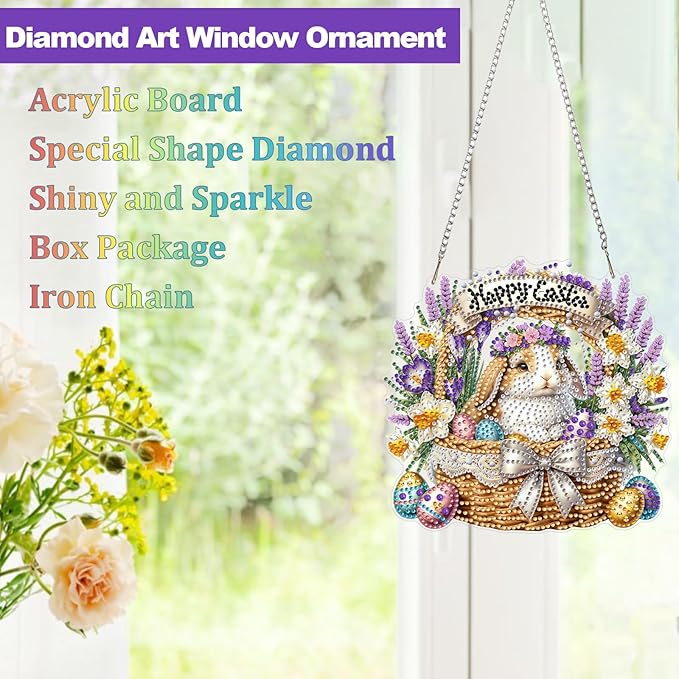 CEOVR Easter Hanging Diamond Art for Adults, Easter Bunny&Egg Diamond Painting Pendant DIY Gem Art Wall Hanging Ornament, Acrylic Home Garden Decor with Chain, Box Kit 7.87×7.48inch