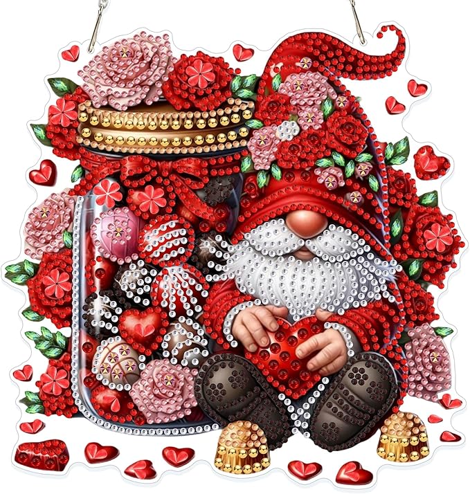 GHHKUD Chocolate and Gnome Diamond Art Hanging Kit for Adults, DIY Double Sided Diamond Painting Hanging Valentines Kits Adults, Special Shaped Acrylic Ornaments Pendants for Window Home Garden Wall