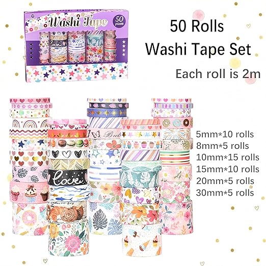 50 Rolls Washi Tape Set, Assorted Sizes, for Junk Journal Scrapbook, Bullet Journaling Scrapbooking Supplies, Planner Sticker DIY Craft Decor (Whimsical Doodles)
