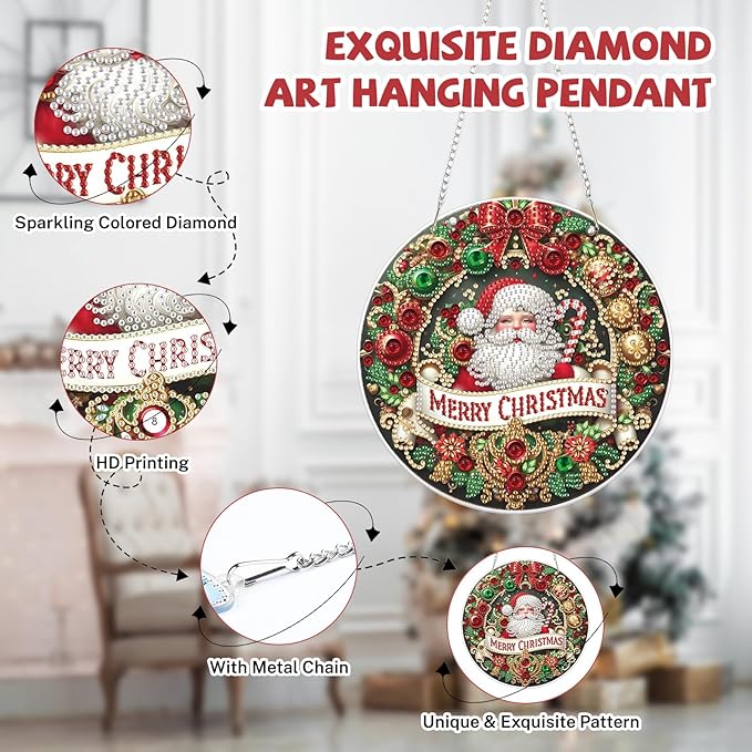 Bowetile Christmas Diamond Art Hanging Kits for Adults, Diamond Art Suncatchers Santa Claus, 5D Special Shape Diamond Painting Pendant Window Ornament Christmas Gifts for Home Door Wall Decor