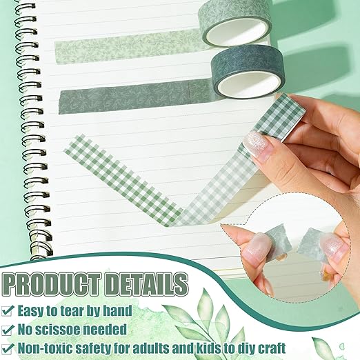 Sage Green Washi Tape - 12 Rolls Gingham Floral Leaf Botanical Patterns Acid Free Repositionable Adhesive Easy Hand Tear for Scrapbook Gift Wrapping Journal Office Supplies DIY Crafts