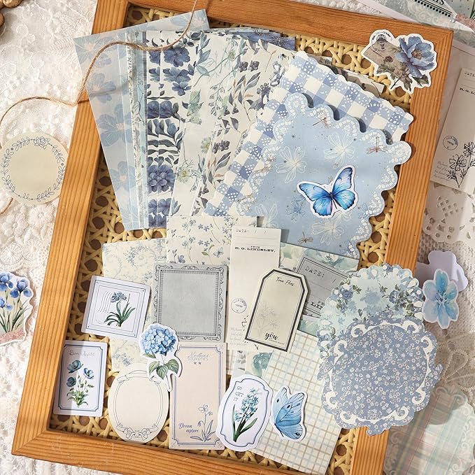 OKUPAN Scrapbook Supplies Kit – 100Pcs Vintage Floral Scrapbook Paper & Junk Journal Stickers, Journaling Supplies for Bullet Journaling, Retro Crafts, Mixed Media, Planner, Collage Card Album (Blue)