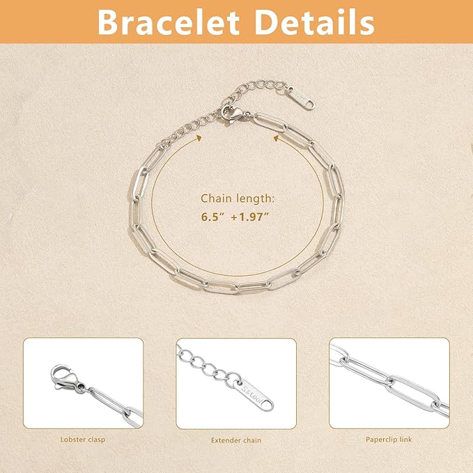 Swyabi 10 PCS Charm Bracelet Chain 6.5 Inch Stainless Steel Paperclip Chain Bracelets Set for Men Women DIY Bracelets Crafts