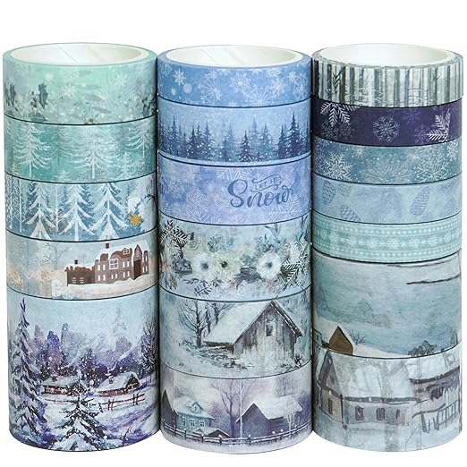 YUBX Winter Washi Tape Set 18 Rolls Landscaping Snow Embellishment Blue White Decorative Masking Tapes for Arts, DIY Crafts, Journals, Planners, Scrapbook, Wrapping