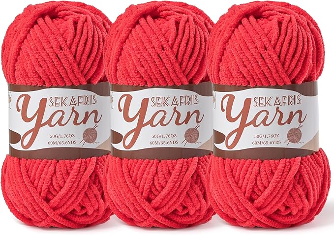 3 Pack Fluffy Velvet Yarn for Crocheting，Baby Blanket Yarn for Crocheting Soft，150g(196.8yds) Amigurumi Yarns，Plush Chenille Crochet Yarns，Puzzle Yarn for Crochet Weaving Craft(3 Red)